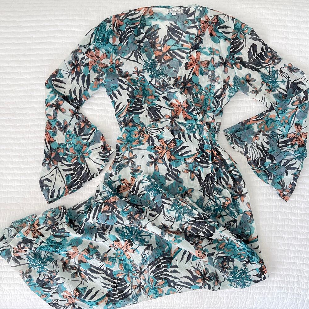 New Debbie Katz South Beach Long Sleeve Wrap Cotton Midi Dress in Blue Floral S